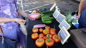 Person picks up an eggplant from a farmstand table covered in colorful produce. 